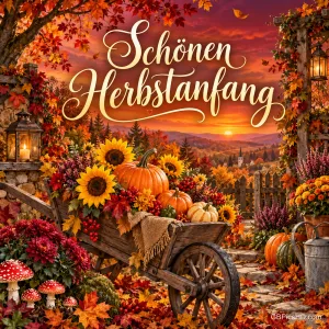 Ein Holzkarren voller Kürbisse, Sonnenblumen und Herbstblumen vor einem Sonnenuntergang mit dem Schriftzug "Schönen Herbstanfang".