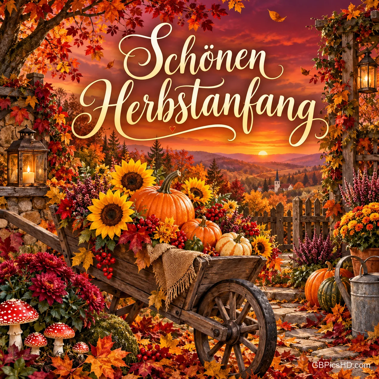 Ein Holzkarren voller Kürbisse, Sonnenblumen und Herbstblumen vor einem Sonnenuntergang mit dem Schriftzug "Schönen Herbstanfang". Ein Holzkarren voller Kürbisse, Sonnenblumen und Herbstblumen vor einem Sonnenuntergang mit dem Schriftzug "Schönen Herbstanfang".