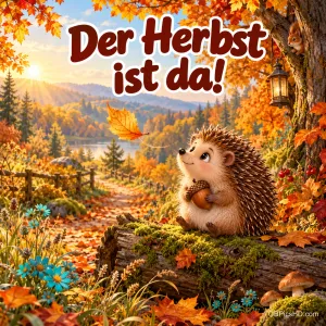 Ein niedlicher Igel hält eine Eichel auf einem moosigen Baumstamm am Waldweg, darüber steht "Der Herbst ist da!".