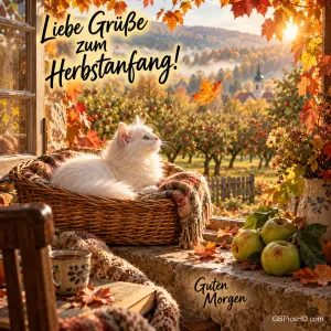 Eine weiße Katze liegt in einem Korb am offenen Fenster mit Blick auf einen Apfelgarten, dazu "Liebe Grüße zum Herbstanfang!" und "Guten Morgen".