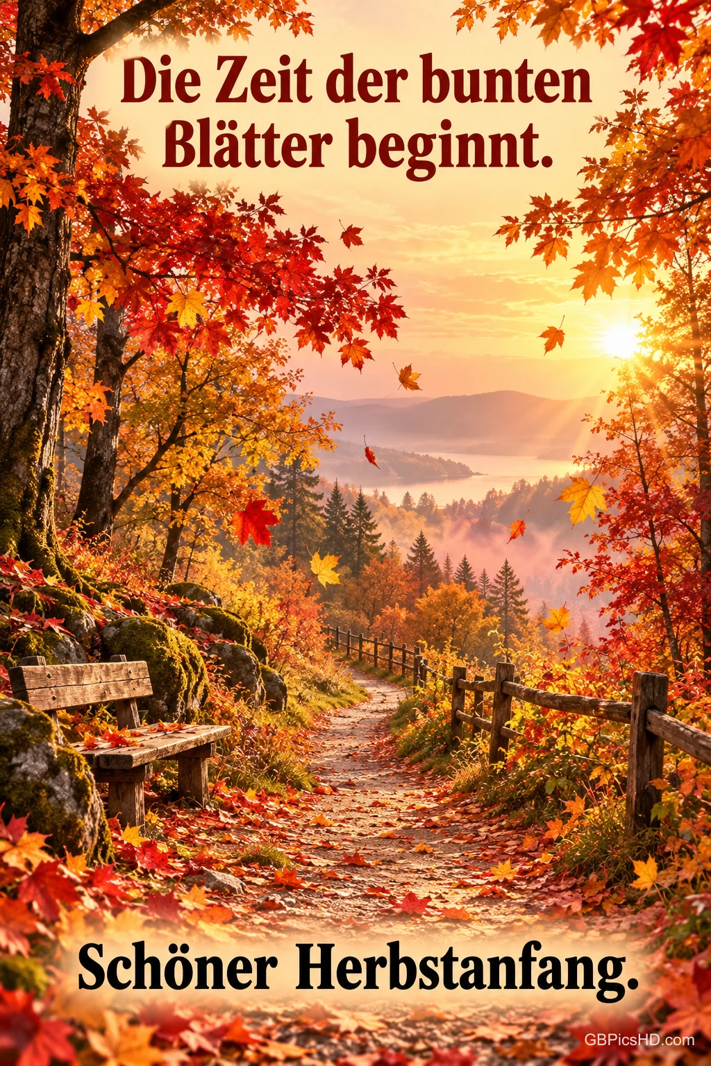 Ein Waldweg mit Holzbank und fallendem Laub führt zu einem See im Abendlicht, mit dem Text "Die Zeit der bunten Blätter beginnt. Schöner Herbstanfang." Ein Waldweg mit Holzbank und fallendem Laub führt zu einem See im Abendlicht, mit dem Text "Die Zeit der bunten Blätter beginnt. Schöner Herbstanfang."
