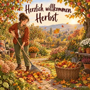 Gemalte Szene einer Frau, die im herbstlichen Garten Laub zusammenrecht, darüber "Herzlich willkommen Herbst".
