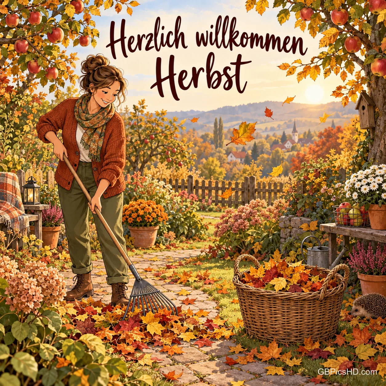 Gemalte Szene einer Frau, die im herbstlichen Garten Laub zusammenrecht, darüber "Herzlich willkommen Herbst". Gemalte Szene einer Frau, die im herbstlichen Garten Laub zusammenrecht, darüber "Herzlich willkommen Herbst".