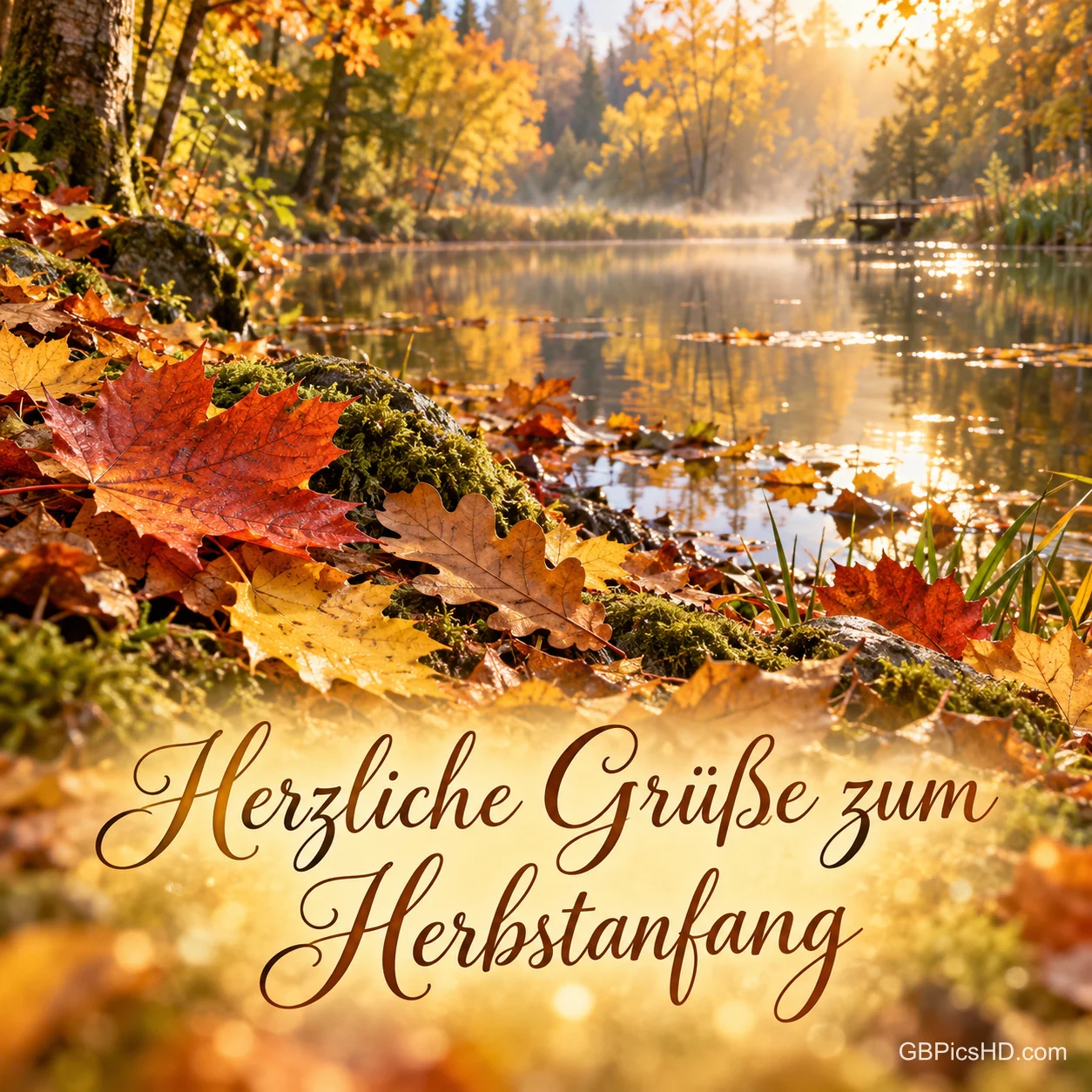 Rotes Ahornlaub auf Moos am Ufer eines sonnigen Waldsees mit dem Schriftzug "Herzliche Grüße zum Herbstanfang". Rotes Ahornlaub auf Moos am Ufer eines sonnigen Waldsees mit dem Schriftzug "Herzliche Grüße zum Herbstanfang".