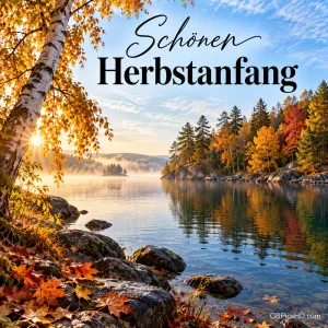 Ein bunter Herbstwald mit Birke spiegelt sich in einem ruhigen See unter blauem Himmel, dazu "Schönen Herbstanfang".