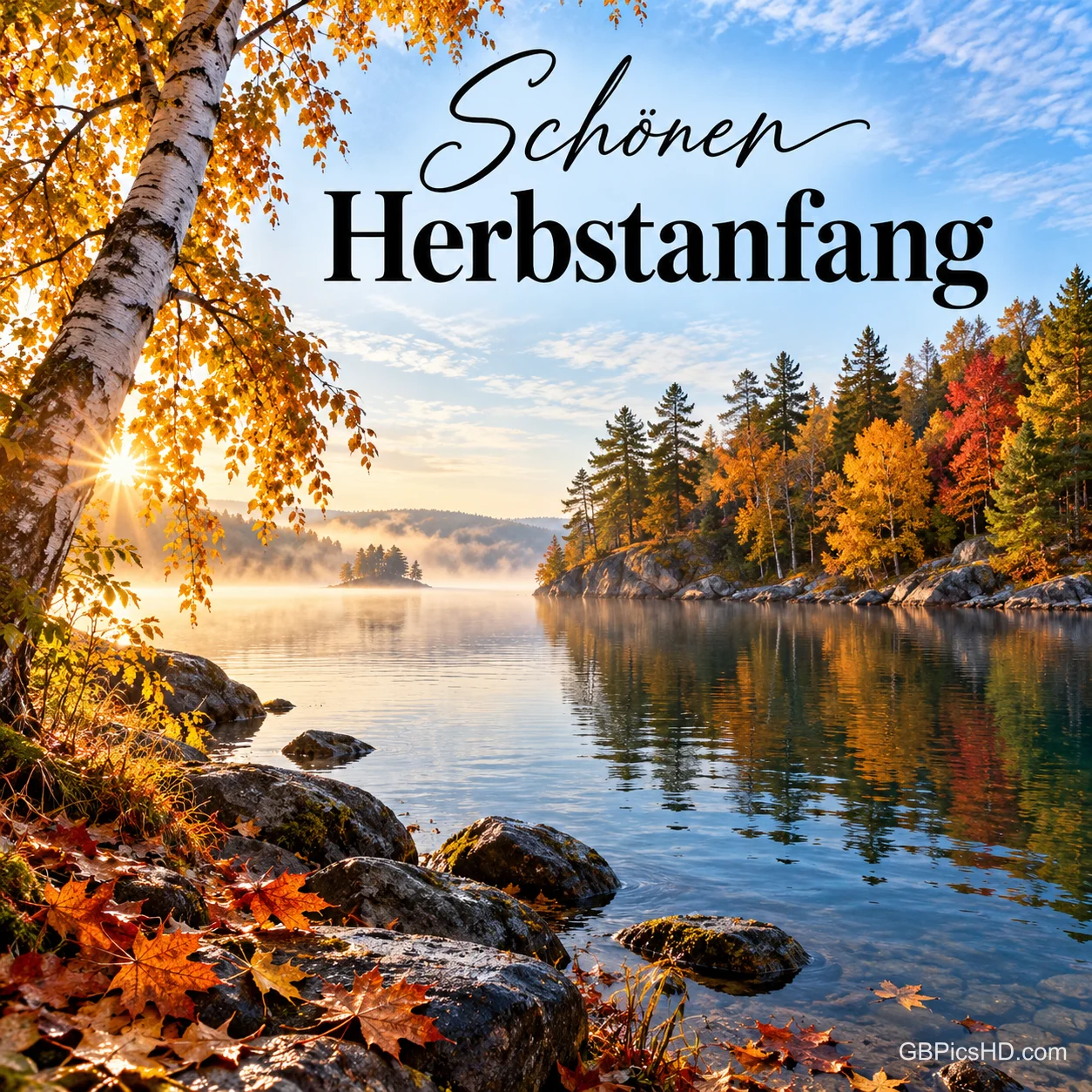 Ein bunter Herbstwald mit Birke spiegelt sich in einem ruhigen See unter blauem Himmel, dazu "Schönen Herbstanfang". Ein bunter Herbstwald mit Birke spiegelt sich in einem ruhigen See unter blauem Himmel, dazu "Schönen Herbstanfang".