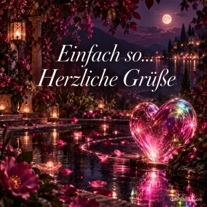 Ein leuchtendes Glasherz am Ufer eines Teiches voller Kerzen und Rosenblätter in einer romantischen Nacht, darüber "Einfach so... Herzliche Grüße"