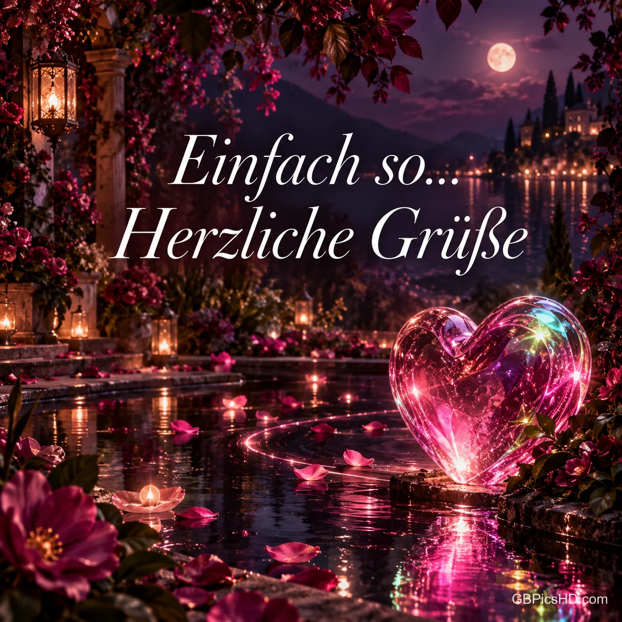 Ein leuchtendes Glasherz am Ufer eines Teiches voller Kerzen und Rosenblätter in einer romantischen Nacht, darüber "Einfach so... Herzliche Grüße"