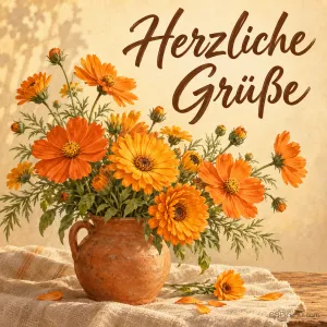 Ein Tonkrug mit leuchtend orangefarbenen Sommerblumen auf hellem Leinen im warmen Sonnenlicht, daneben in brauner Pinselschrift "Herzliche Grüße"
