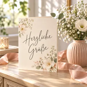 Eine Grußkarte mit "Herzliche Grüße" und zarten Blüten steht auf einer Kommode neben einer Vase mit Schleierkraut, Rosenband und Kerzenlicht