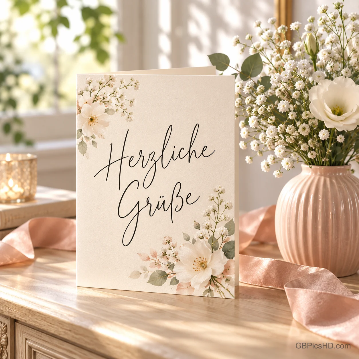Eine Grußkarte mit "Herzliche Grüße" und zarten Blüten steht auf einer Kommode neben einer Vase mit Schleierkraut, Rosenband und Kerzenlicht