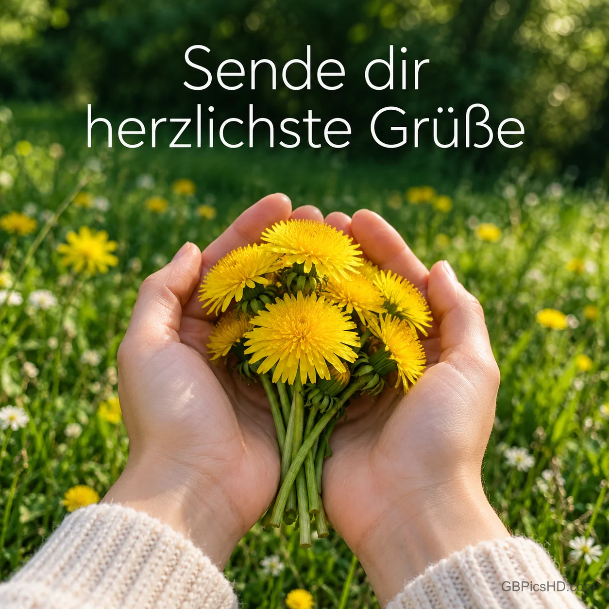 Zwei Hände halten behutsam einen Strauß gelber Löwenzahnblüten über einer sonnigen Frühlingswiese, darüber "Sende dir herzlichste Grüße"
