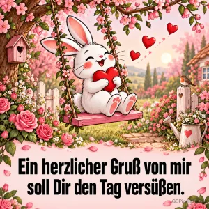 Ein fröhliches Häschen mit rotem Herz schaukelt in einem blühenden Garten unter rosa Blüten und Herzen, darunter "Ein herzlicher Gruß von mir soll Dir den Tag versüßen."