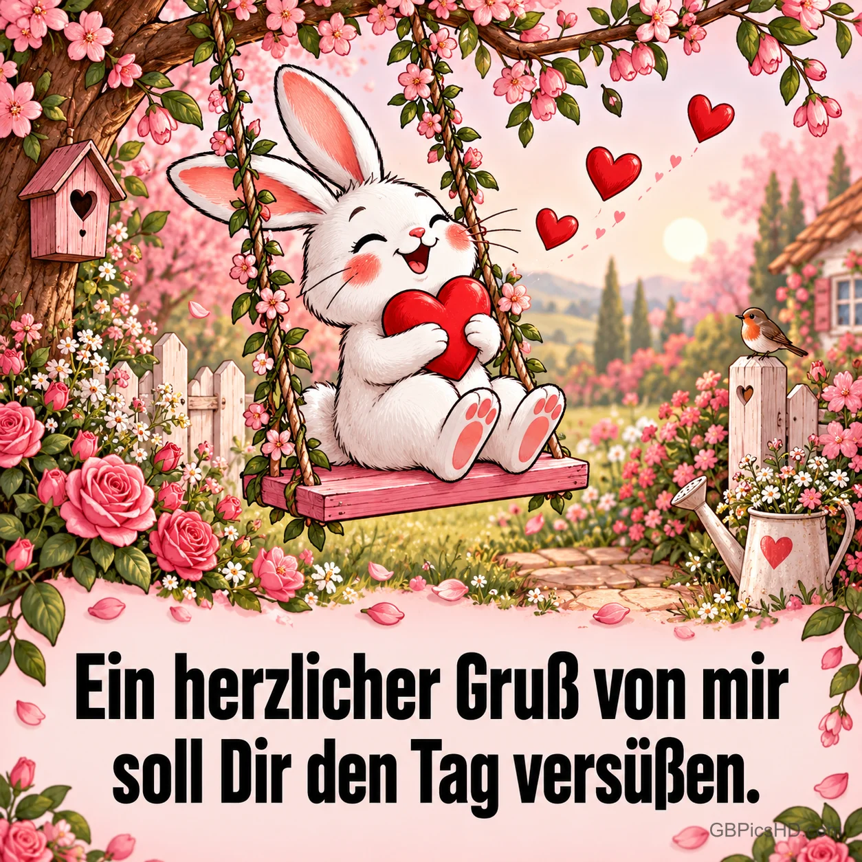 Ein fröhliches Häschen mit rotem Herz schaukelt in einem blühenden Garten unter rosa Blüten und Herzen, darunter "Ein herzlicher Gruß von mir soll Dir den Tag versüßen."