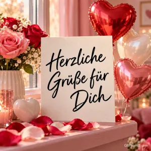 Eine Karte mit "Herzliche Grüße für Dich" auf einer Fensterbank zwischen Rosen, Rosenblättern und herzförmigen Luftballons in warmem Licht