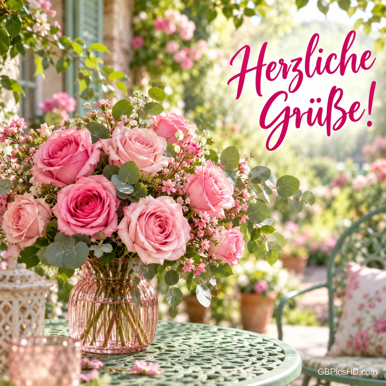 Eine Glasvase mit einem üppigen Strauß rosa Rosen auf einem Gartentisch in einem sonnigen Blumengarten, daneben in pinker Schrift "Herzliche Grüße!"