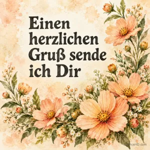 Aquarellblumen in Pfirsich und Apricot umrahmen auf cremefarbenem Papier den Text "Einen herzlichen Gruß sende ich Dir"