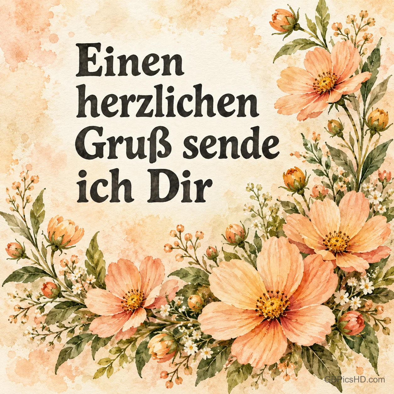 Aquarellblumen in Pfirsich und Apricot umrahmen auf cremefarbenem Papier den Text "Einen herzlichen Gruß sende ich Dir"