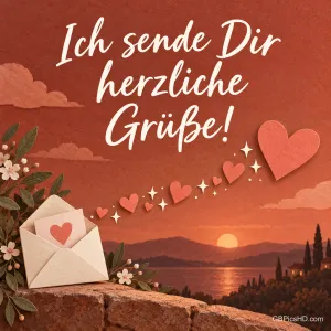 Offener Briefumschlag mit Herzkarte auf einer Steinmauer, aus dem kleine Herzen und Funken aufsteigen, dahinter ein Sonnenuntergang am See und der Text "Ich sende Dir herzliche Grüße!"