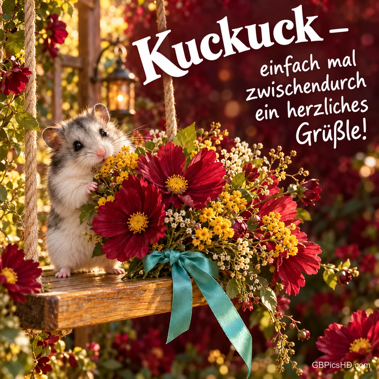 Kleiner Hamster auf einer Holzschaukel umarmt einen Strauß roter Blumen mit türkiser Schleife, daneben der Text "Kuckuck – einfach mal zwischendurch ein herzliches Grüßle!"