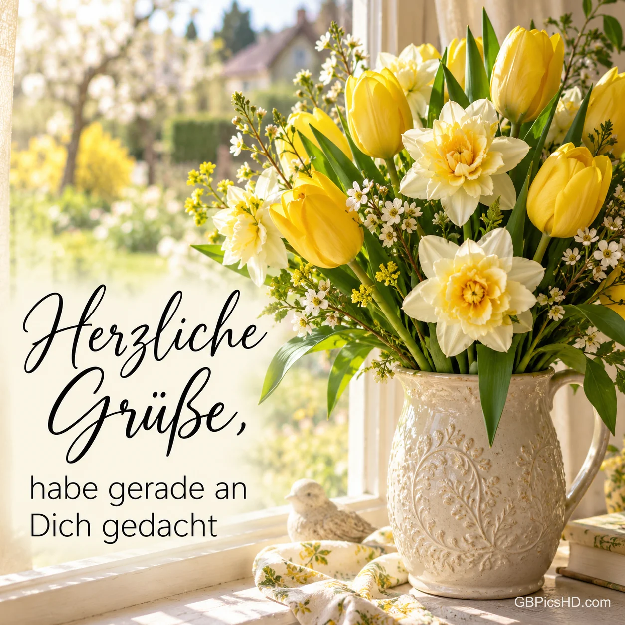 Weiße Keramikkanne mit gelben Tulpen und Narzissen auf einer sonnigen Fensterbank vor einem Frühlingsgarten, daneben der Text "Herzliche Grüße, habe gerade an Dich gedacht"