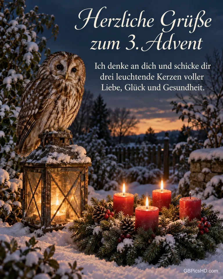 Ein Waldkauz sitzt auf einer alten Laterne im verschneiten Garten, daneben brennen drei Kerzen am Adventskranz, dazu "Herzliche Grüße zum 3. Advent".