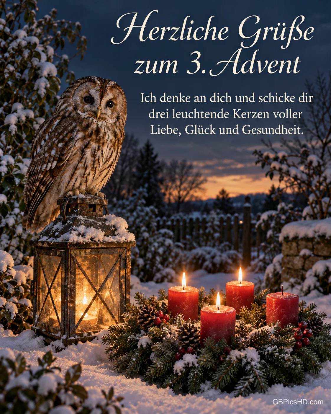 Ein Waldkauz sitzt auf einer alten Laterne im verschneiten Garten, daneben brennen drei Kerzen am Adventskranz, dazu "Herzliche Grüße zum 3. Advent".