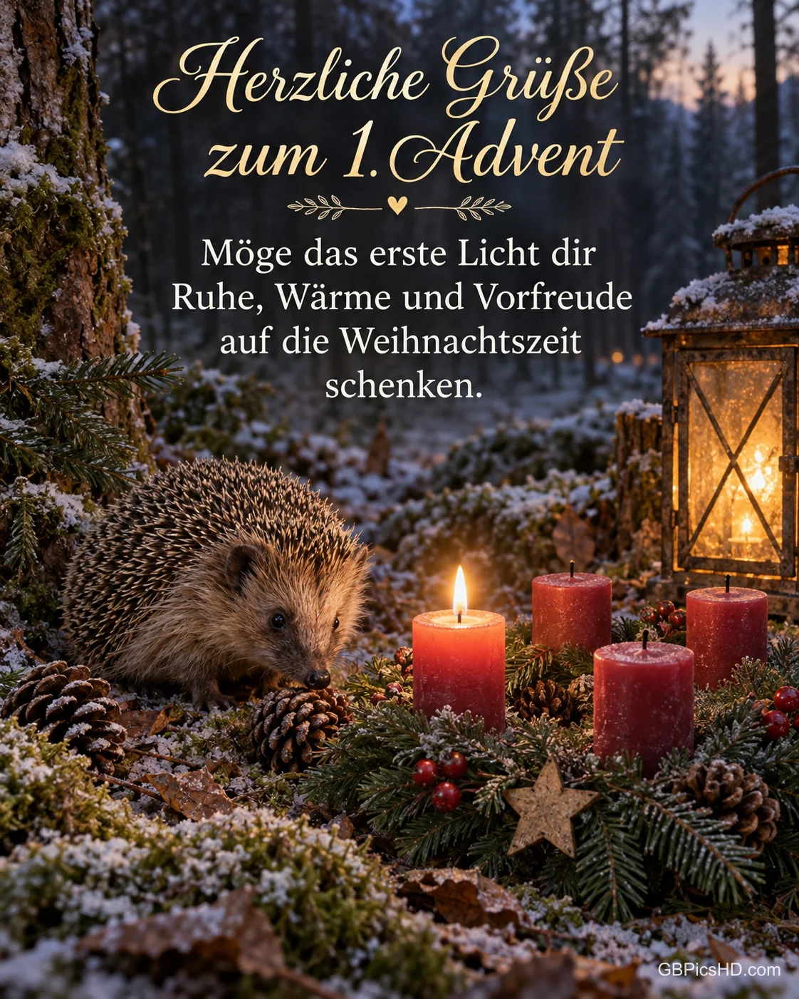 Ein Igel sitzt zwischen Moos und Tannenzapfen neben einer Laterne und einem Adventskranz mit einer brennenden Kerze, dazu "Herzliche Grüße zum 1. Advent".