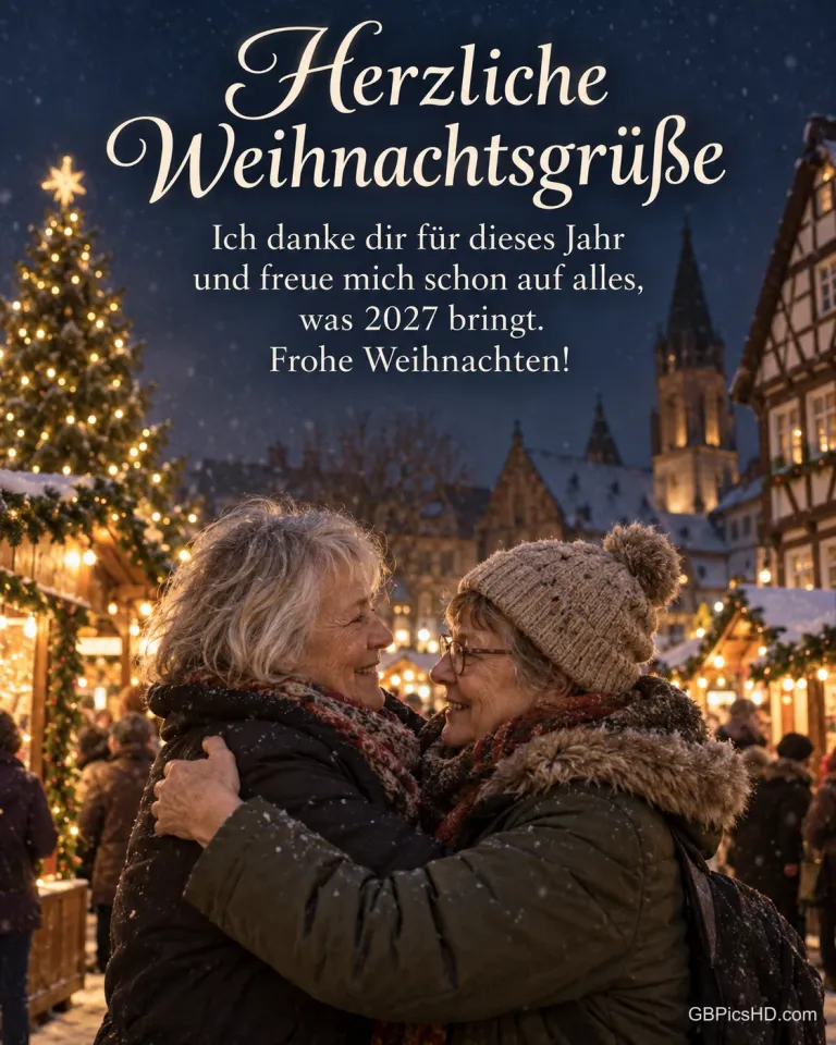 Zwei alte Freundinnen umarmen sich auf einem Weihnachtsmarkt im leichten Schnee, dazu „Herzliche Weihnachtsgrüße“.