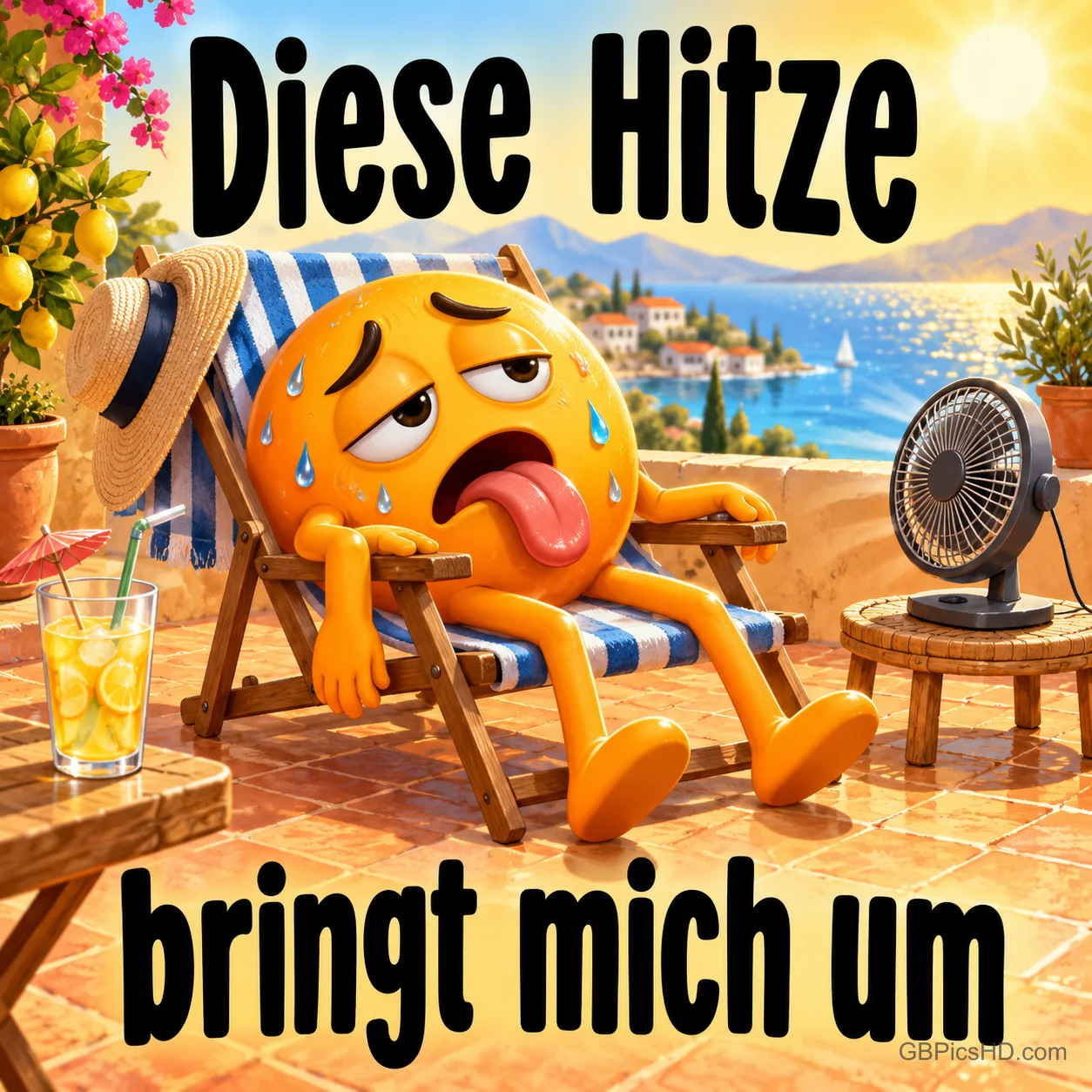 Schwitzender Smiley liegt mit heraushängender Zunge auf einem Liegestuhl vor einem Ventilator, im Hintergrund Meer und Küstenort, dazu "Diese Hitze bringt mich um" Schwitzender Smiley liegt mit heraushängender Zunge auf einem Liegestuhl vor einem Ventilator, im Hintergrund Meer und Küstenort, dazu "Diese Hitze bringt mich um"