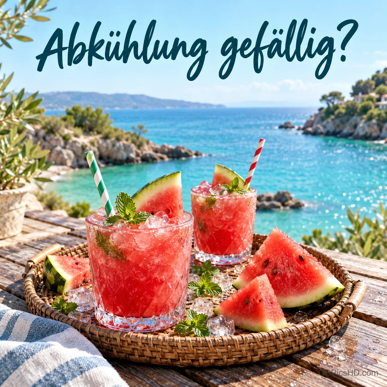 Zwei Wassermelonen-Drinks mit Eis, Minze und Strohhalmen auf einem Korbtablett mit Melonenstücken, im Hintergrund eine türkisfarbene Bucht, dazu "Abkühlung gefällig?" Zwei Wassermelonen-Drinks mit Eis, Minze und Strohhalmen auf einem Korbtablett mit Melonenstücken, im Hintergrund eine türkisfarbene Bucht, dazu "Abkühlung gefällig?"