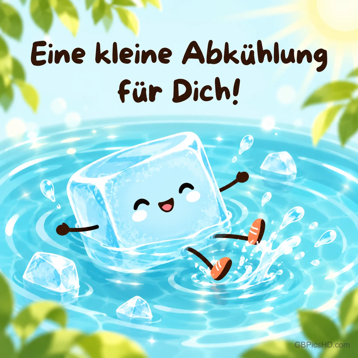 Lachender Eiswürfel mit Armen und Beinen planscht in einem glitzernden Wasserbecken unter Sonne und Blättern, darüber "Eine kleine Abkühlung für Dich!" Lachender Eiswürfel mit Armen und Beinen planscht in einem glitzernden Wasserbecken unter Sonne und Blättern, darüber "Eine kleine Abkühlung für Dich!"