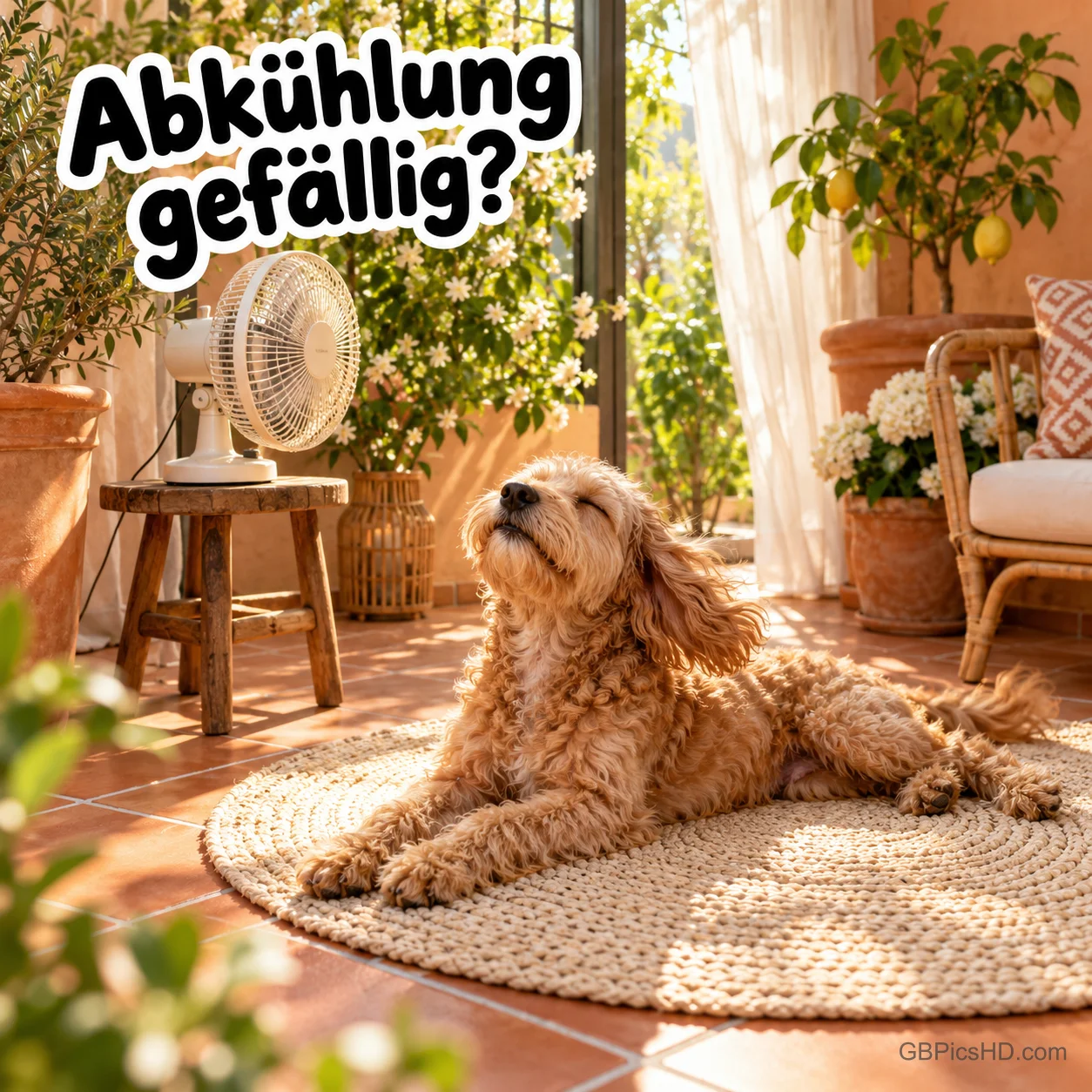 Zotteliger Hund liegt mit geschlossenen Augen auf einem runden Teppich in einem sonnigen Wintergarten, dahinter ein Ventilator, dazu "Abkühlung gefällig?" Zotteliger Hund liegt mit geschlossenen Augen auf einem runden Teppich in einem sonnigen Wintergarten, dahinter ein Ventilator, dazu "Abkühlung gefällig?"