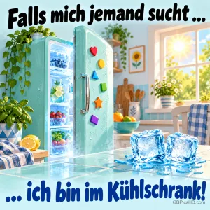 Offener mintgrüner Kühlschrank mit bunten Magneten in einer hellen Sommerküche, davor schmelzende Eiswürfel, dazu "Falls mich jemand sucht ... ich bin im Kühlschrank!"