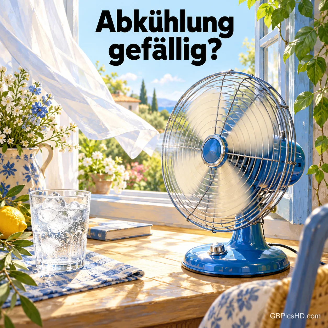 Blauer Retro-Tischventilator auf einem Holztisch am offenen Fenster mit wehender Gardine, Wasserglas und Blumen, darüber "Abkühlung gefällig?" Blauer Retro-Tischventilator auf einem Holztisch am offenen Fenster mit wehender Gardine, Wasserglas und Blumen, darüber "Abkühlung gefällig?"