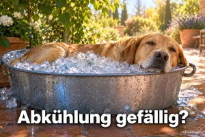 Goldbrauner Hund liegt entspannt in einer Zinkwanne voller Eiswürfel auf einer sonnigen Gartenterrasse, darunter der Spruch "Abkühlung gefällig?"