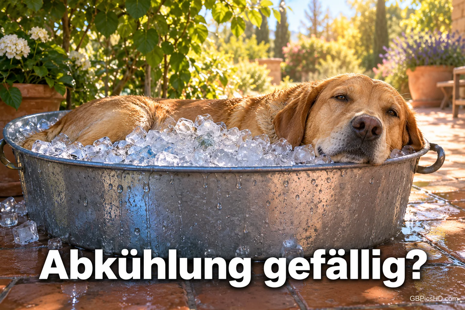 Goldbrauner Hund liegt entspannt in einer Zinkwanne voller Eiswürfel auf einer sonnigen Gartenterrasse, darunter der Spruch "Abkühlung gefällig?" Goldbrauner Hund liegt entspannt in einer Zinkwanne voller Eiswürfel auf einer sonnigen Gartenterrasse, darunter der Spruch "Abkühlung gefällig?"