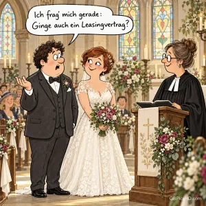 Ein Bräutigam fragt neben Braut und Pfarrerin: "Ich frag' mich gerade: Ginge auch ein Leasingvertrag?"