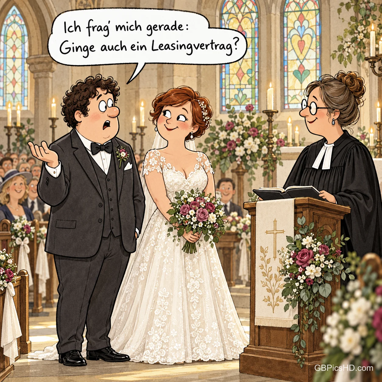 Ein Bräutigam fragt neben Braut und Pfarrerin: "Ich frag’ mich gerade: Ginge auch ein Leasingvertrag?"