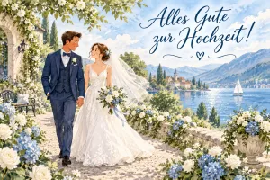 Ein Brautpaar hält sich auf einem blumengesäumten Weg am See an den Händen; darüber steht "Alles Gute zur Hochzeit!".