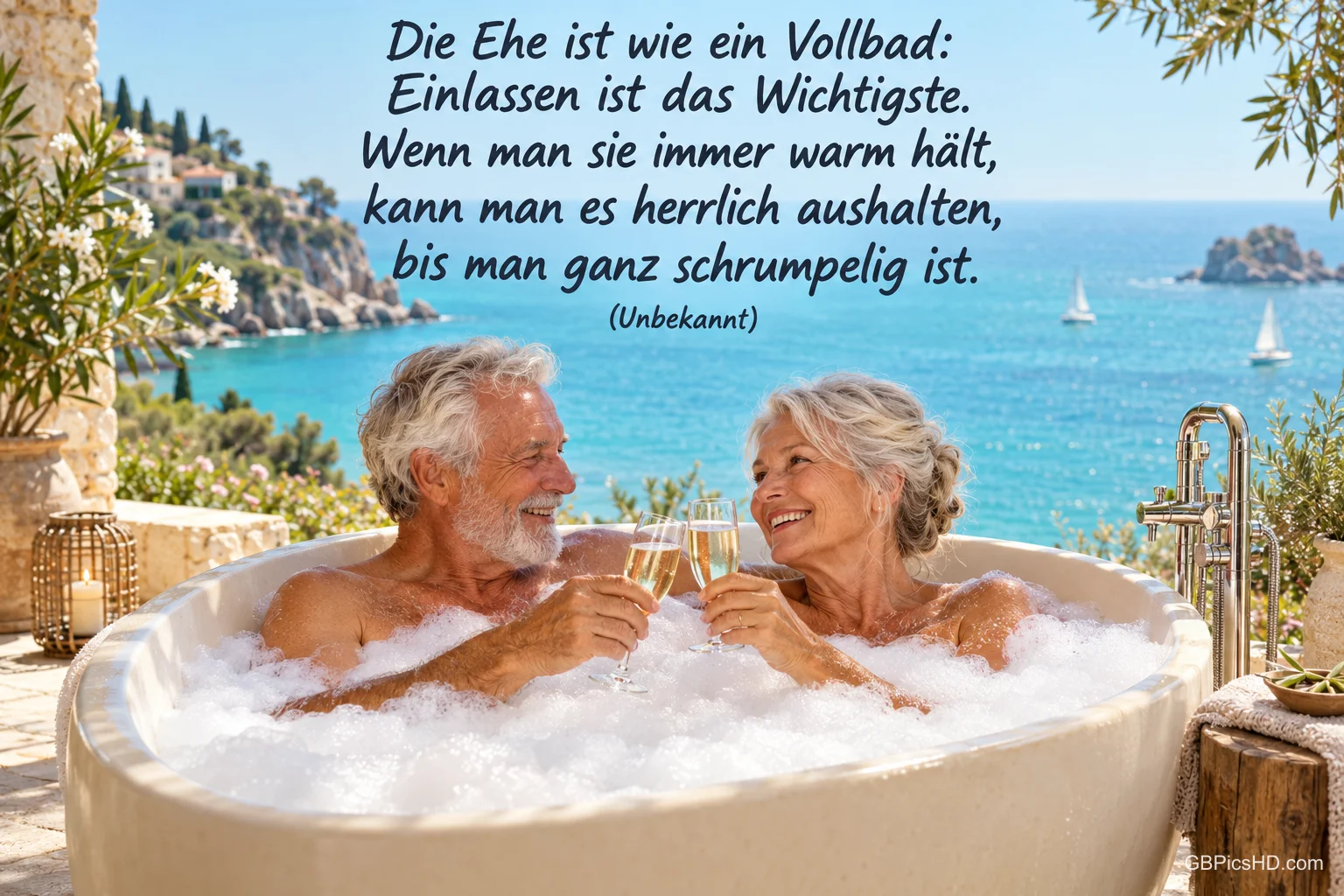 Ein älteres Paar stößt im Schaumbad mit Sekt an, dahinter liegt das Meer; darüber steht "Die Ehe ist wie ein Vollbad:".