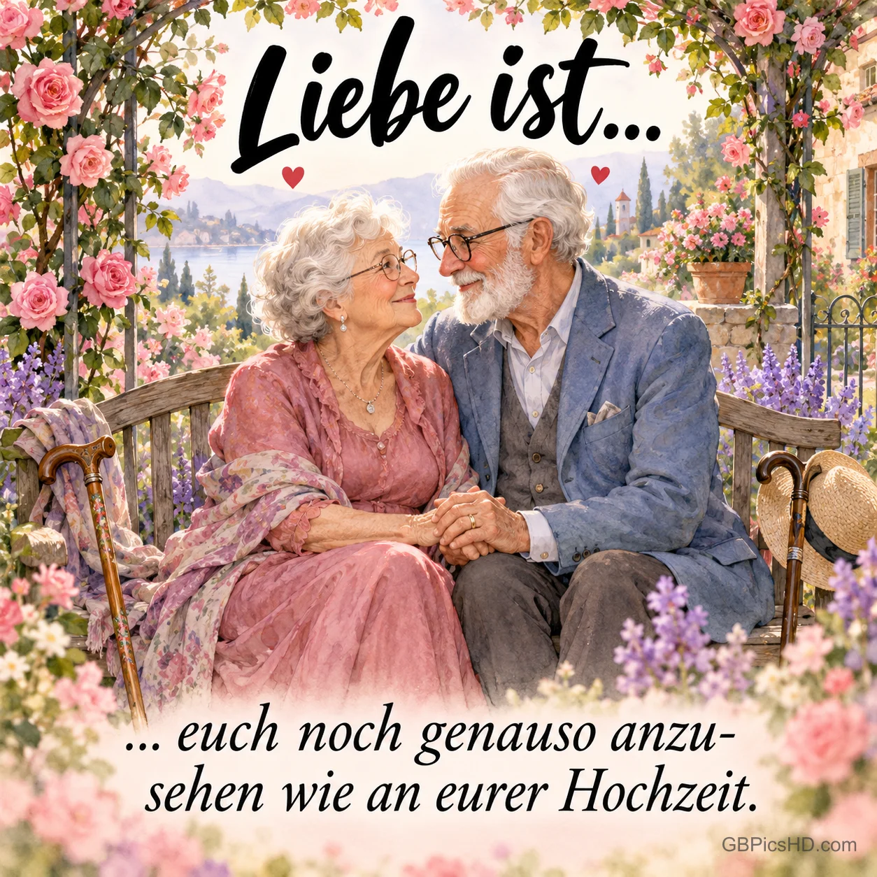 Ein älteres Paar hält auf einer Bank Händchen, darüber und darunter steht "Liebe ist... ... euch noch genauso anzusehen wie an eurer Hochzeit."