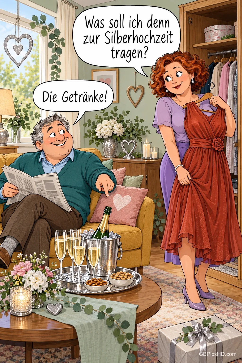 Eine Frau hält ein Kleid und fragt "Was soll ich denn zur Silberhochzeit tragen?", der Mann antwortet "Die Getränke!".