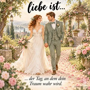 Ein Brautpaar geht Hand in Hand durch einen Blumengarten mit dem Text "Liebe ist... ... der Tag, an dem dein Traum wahr wird."