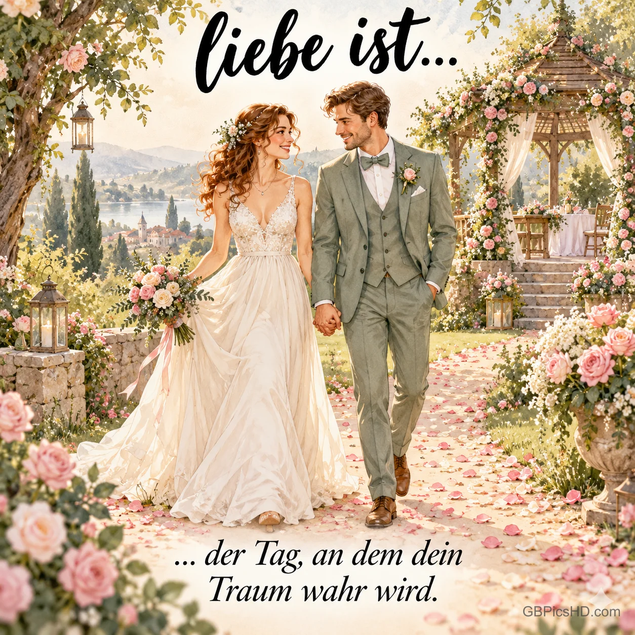 Ein Brautpaar geht Hand in Hand durch einen Blumengarten mit dem Text "Liebe ist... ... der Tag, an dem dein Traum wahr wird."