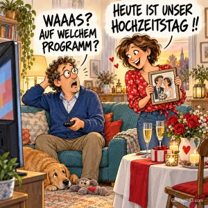 Eine Frau hält ein Hochzeitsfoto: "Heute ist unser Hochzeitstag!!"; der Mann fragt: "Waaas? Auf welchem Programm?".