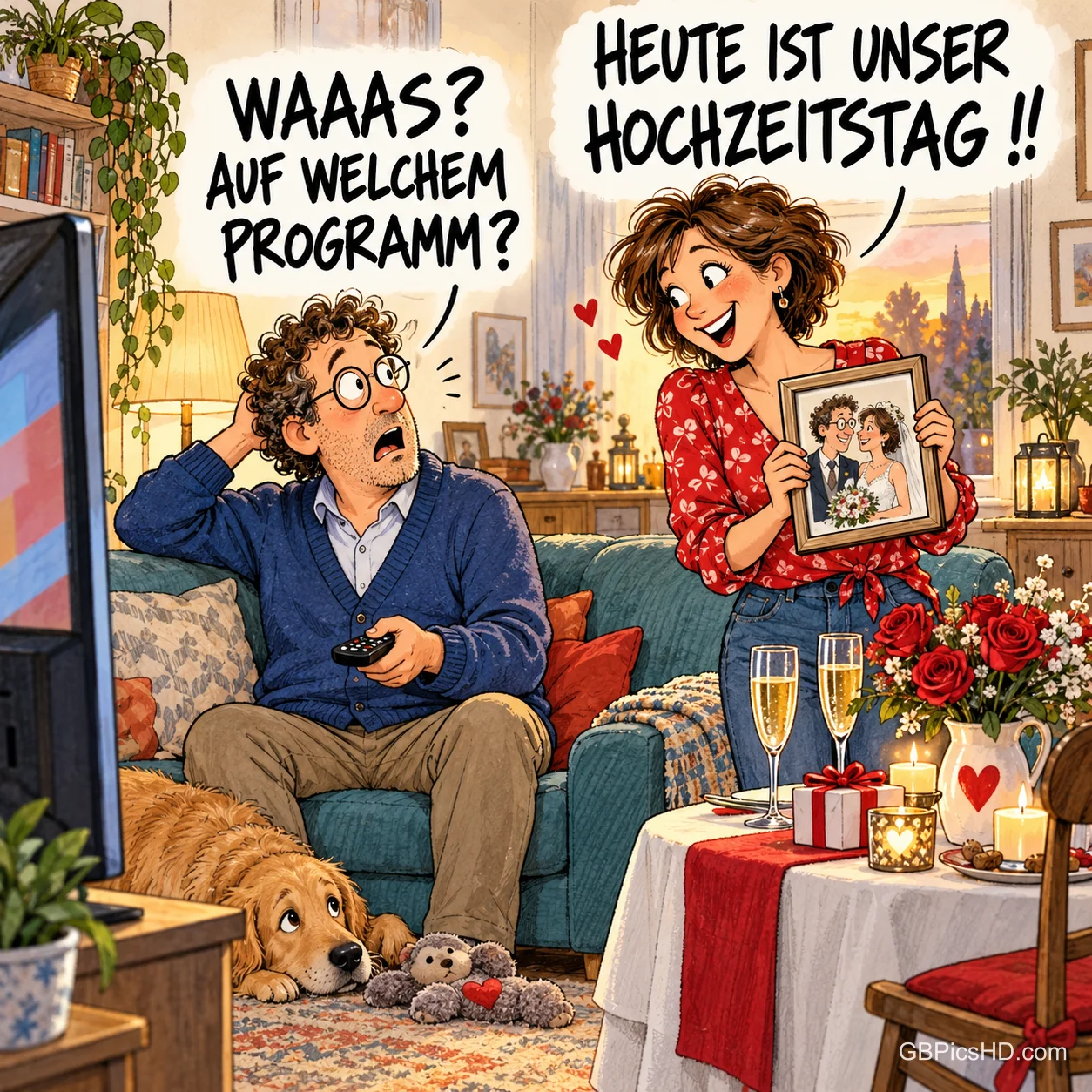 Eine Frau hält ein Hochzeitsfoto: "Heute ist unser Hochzeitstag!!"; der Mann fragt: "Waaas? Auf welchem Programm?".