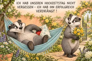 Ein Dachs liegt in einer Hängematte, ein zweiter hält Blumen: "ICH HAB UNSEREN HOCHZEITSTAG NICHT VERGESSEN – ICH HAB IHN ERFOLGREICH VERDRÄNGT!"