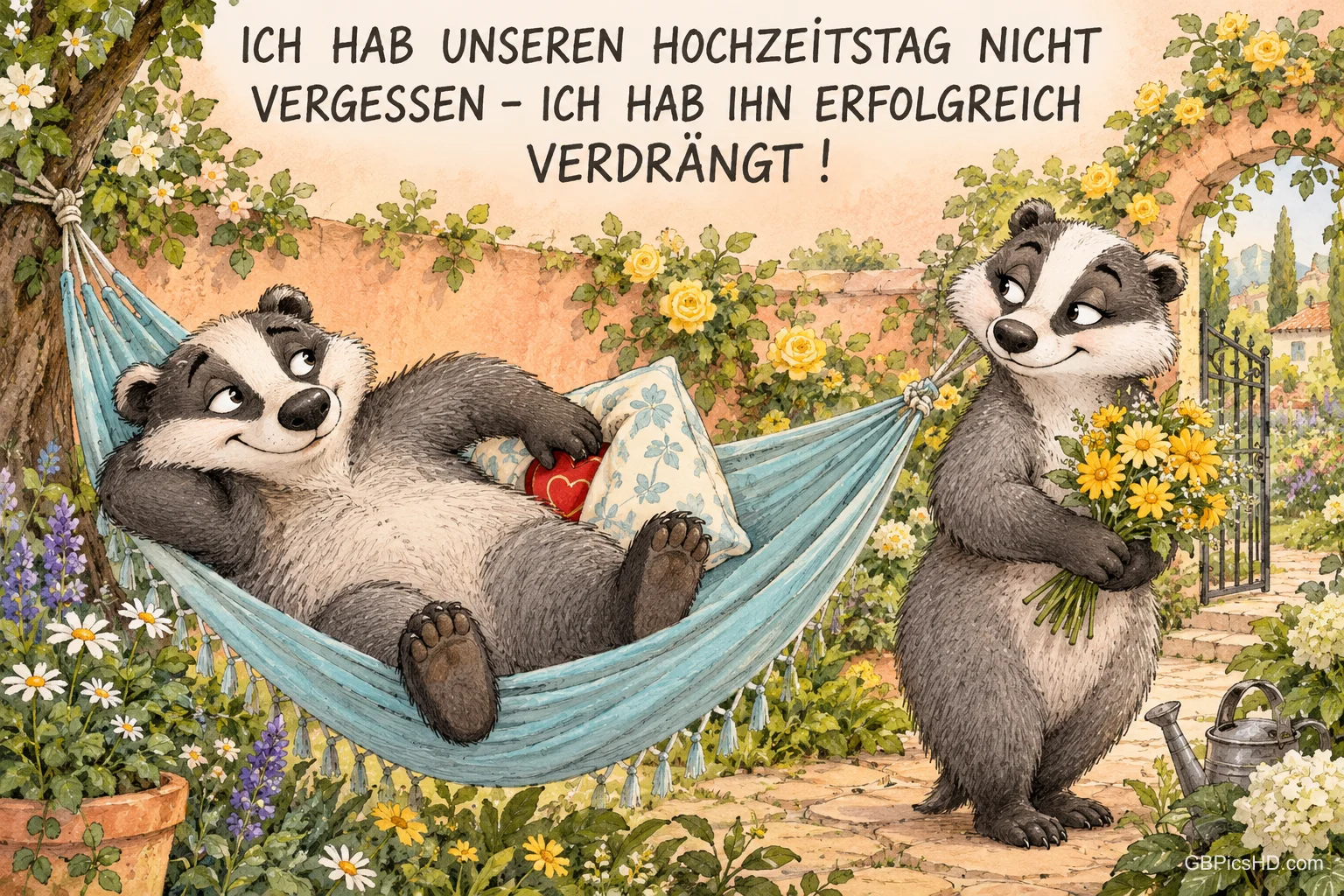 Ein Dachs liegt in einer Hängematte, ein zweiter hält Blumen: "ICH HAB UNSEREN HOCHZEITSTAG NICHT VERGESSEN – ICH HAB IHN ERFOLGREICH VERDRÄNGT!"