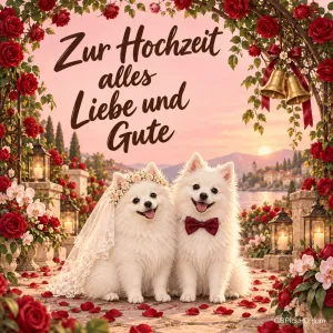 Zwei weiße Hunde mit Brautschleier und Fliege sitzen unter Rosen und Glocken: "Zur Hochzeit alles Liebe und Gute".